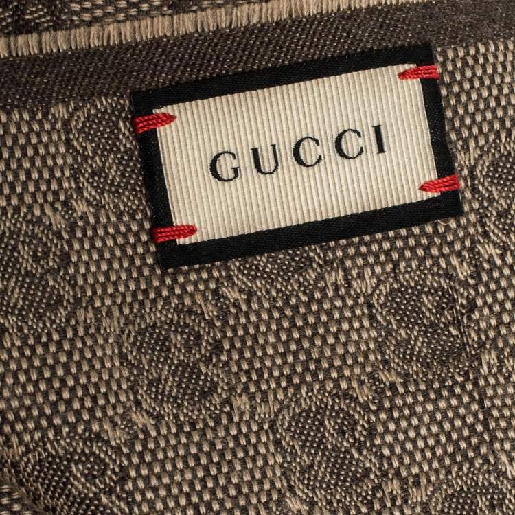 Pre Owned Gucci Brown Web Striped GG Jacquard Knit Wool & Silk Scarf