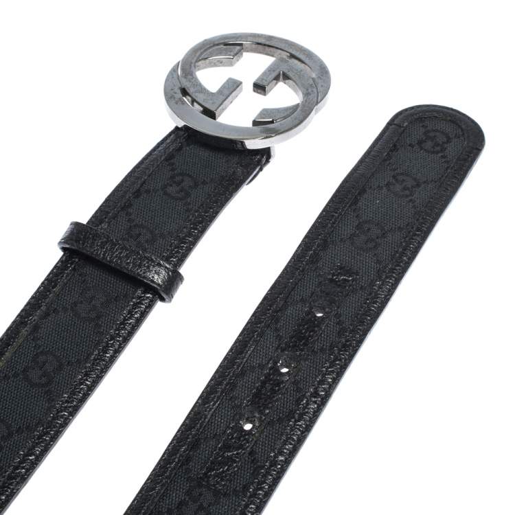 Pre Owned Gucci Black GG Canvas and Leather Interlocking G Buckle Belt 100CM
