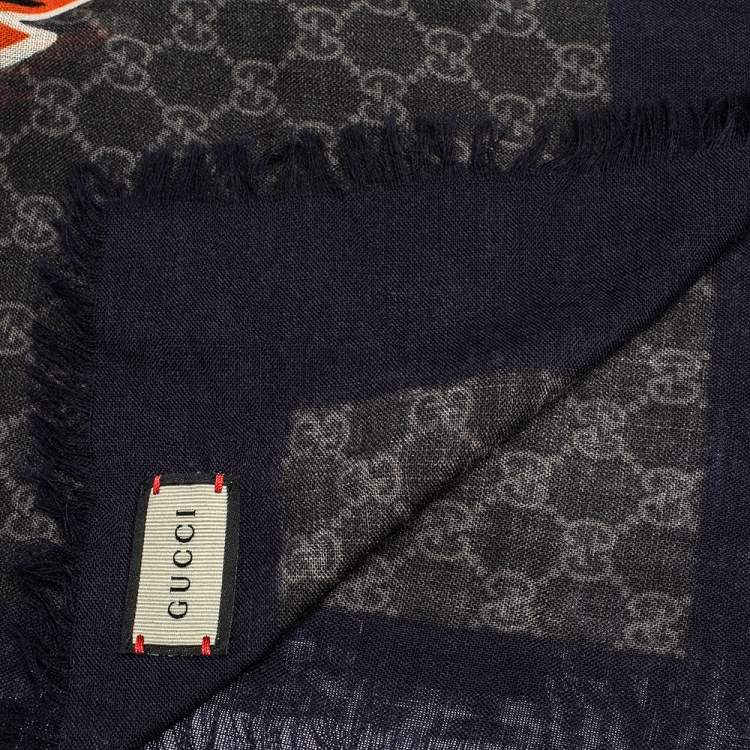 Pre Owned Gucci Grey & Navy Web Stripe Wolf Head Wool Stole 