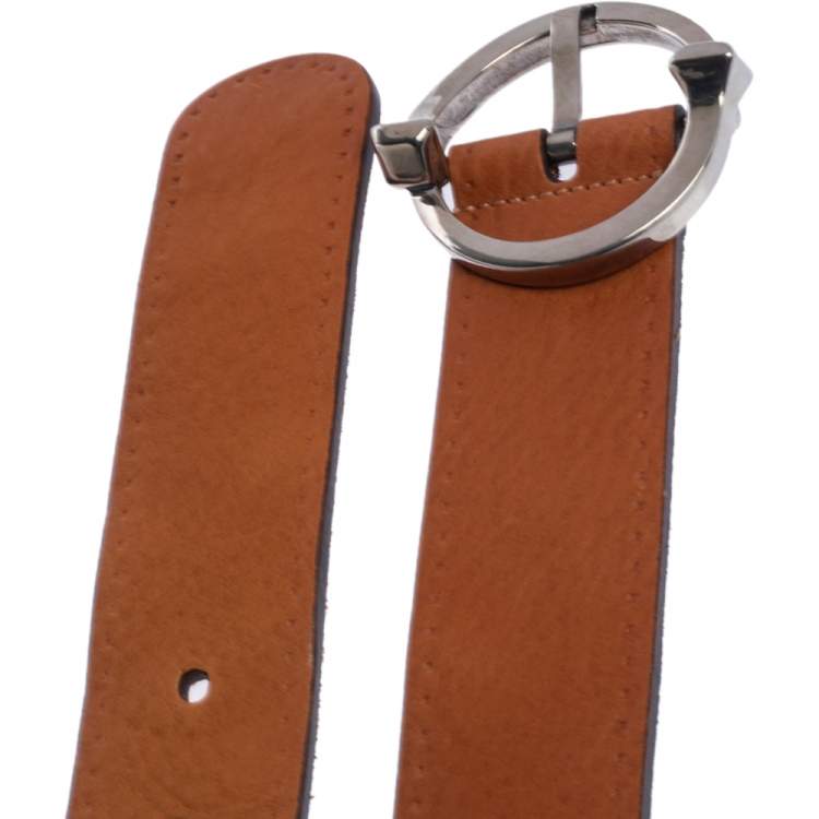 Pre Owned Gucci Tan Leather Circle Buckle Belt Size 105CM