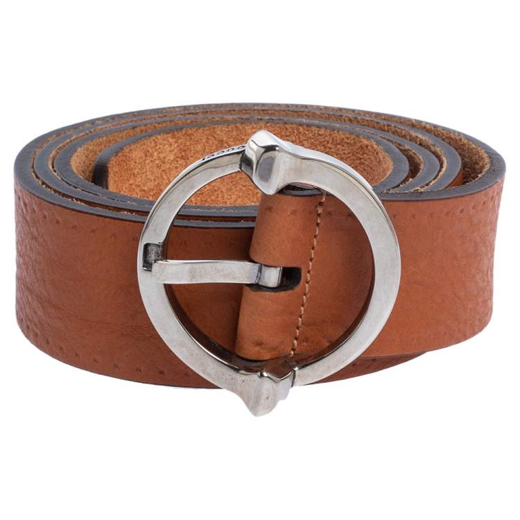 Pre Owned Gucci Tan Leather Circle Buckle Belt Size 105CM