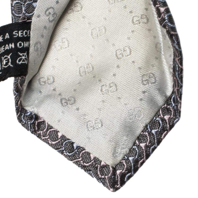 Pre Owned Gucci Grey Saddle Pattern Jacquard Silk Tie