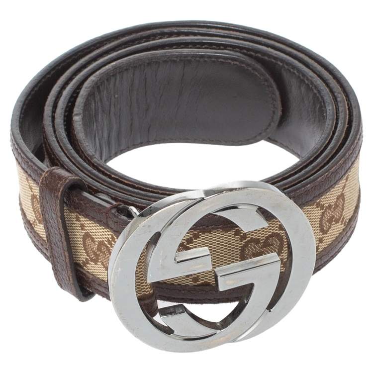 Pre Owned Gucci Beige/Brown GG Canvas and Leather Interlocking G Buckle Belt 100CM
