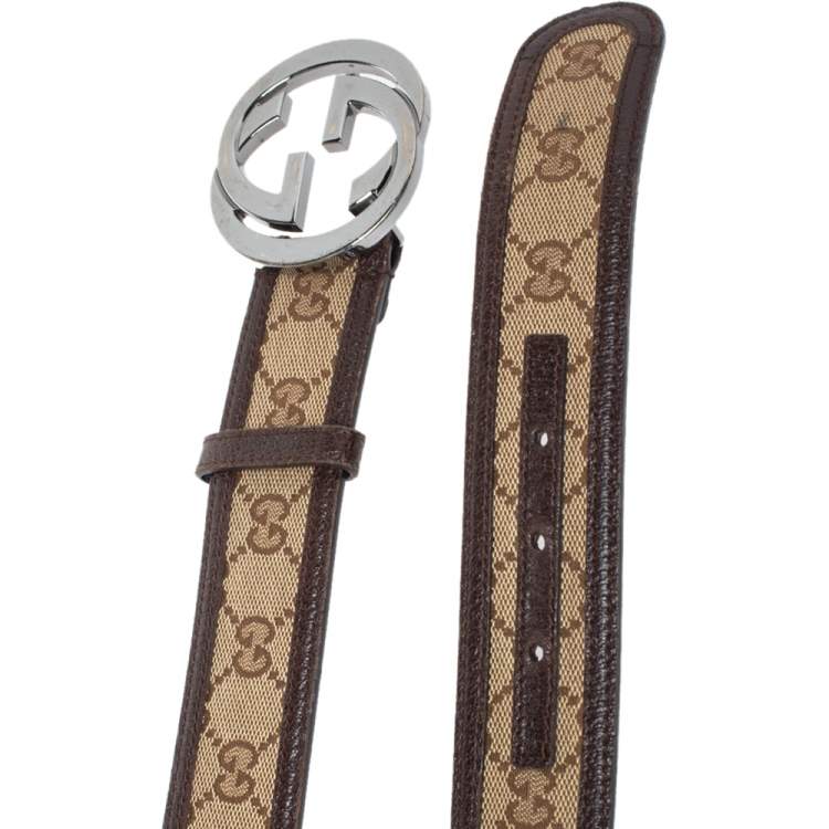 Pre Owned Gucci Beige/Brown GG Canvas and Leather Interlocking G Buckle Belt 100CM