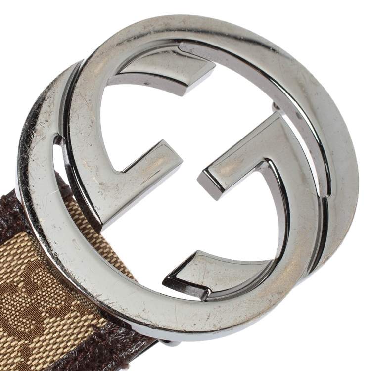 Pre Owned Gucci Beige/Brown GG Canvas and Leather Interlocking G Buckle Belt 100CM