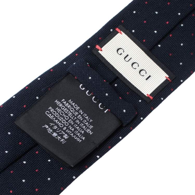 Pre Owned Gucci Navy Blue Swiss Dot Print Cotton Wool Narrow Tie