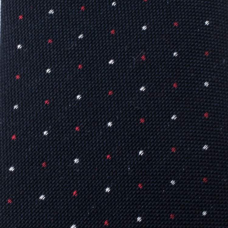 Pre Owned Gucci Navy Blue Swiss Dot Print Cotton Wool Narrow Tie