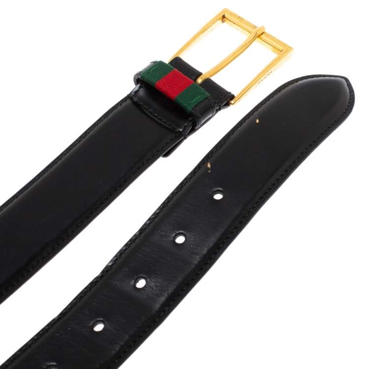 Pre Owned Gucci Black Leather Web Buckle Belt 85CM