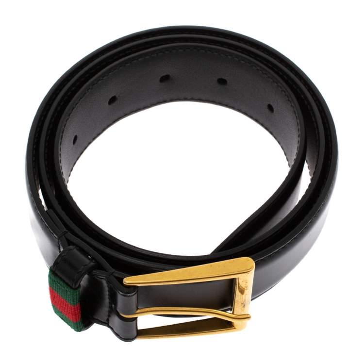 Pre Owned Gucci Black Leather Web Buckle Belt 85CM
