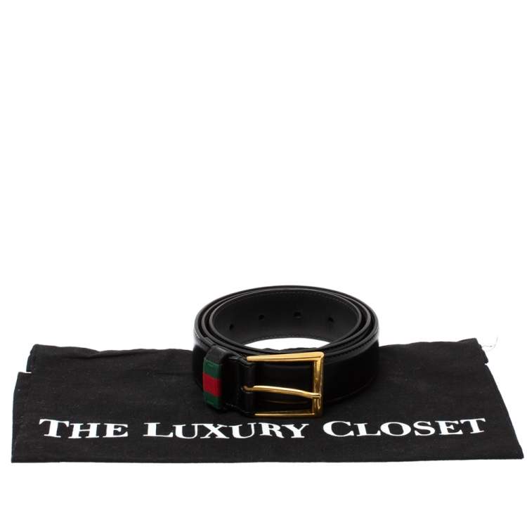 Pre Owned Gucci Black Leather Web Buckle Belt 85CM