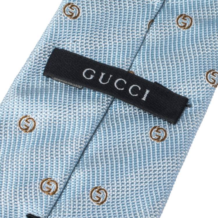 Pre Owned Gucci Pale Blue Monogram Patterned Silk Tie