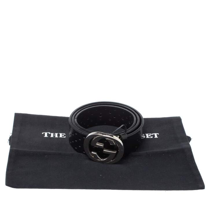 Pre Owned Gucci Black Perforated  Leather Interlocking G Buckle Belt 90CM