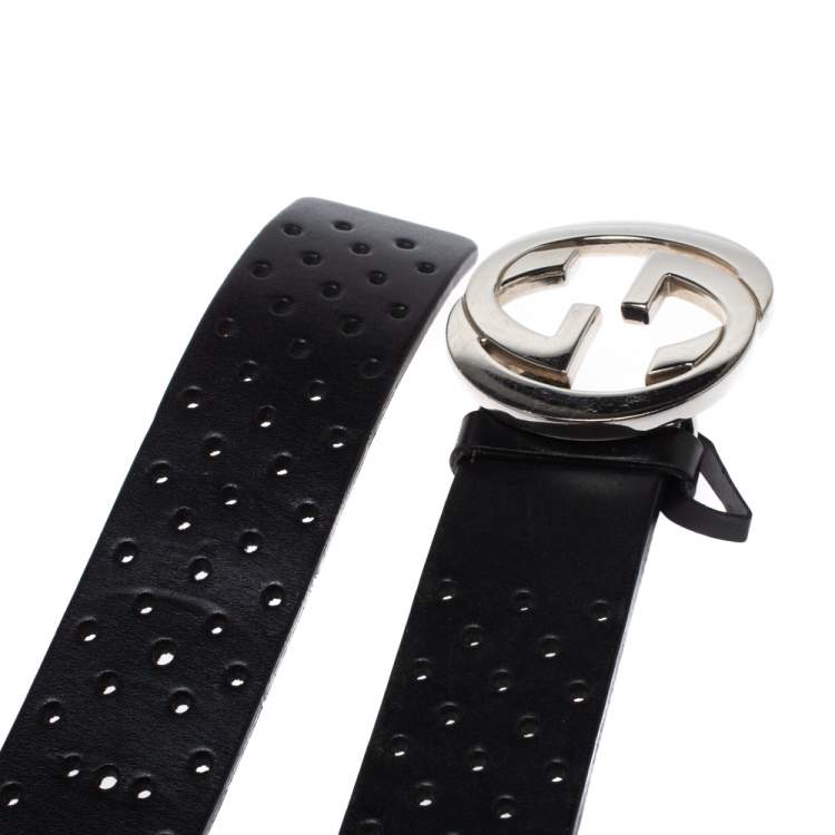 Pre Owned Gucci Black Perforated  Leather Interlocking G Buckle Belt 90CM