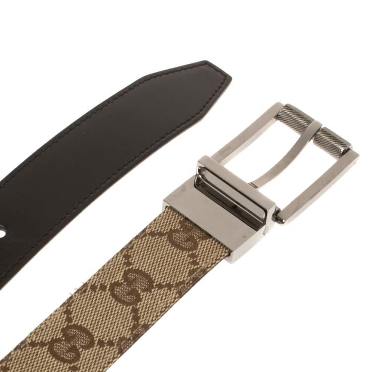 Pre Owned Gucci Beige/Brown GG Canvas and Leather Square Buckle Belt 95CM