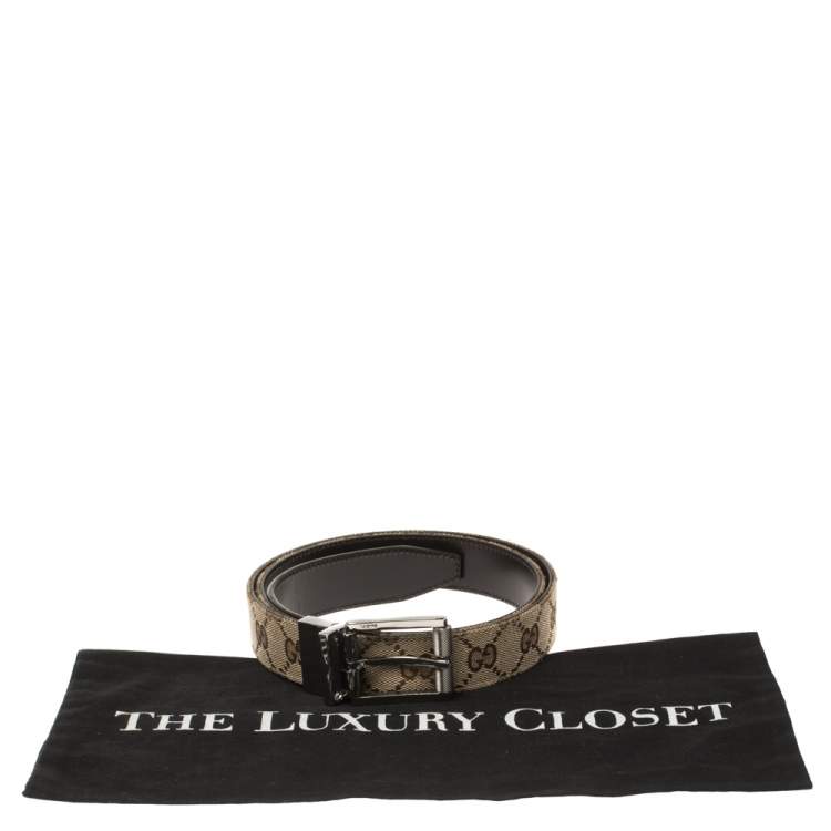 Pre Owned Gucci Beige/Brown GG Canvas and Leather Square Buckle Belt 95CM