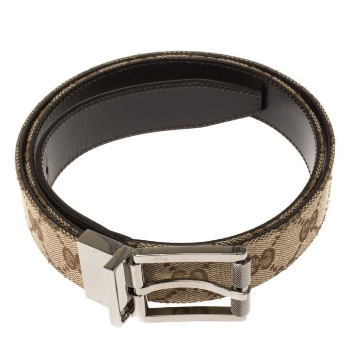 Pre Owned Gucci Beige/Brown GG Canvas and Leather Square Buckle Belt 95CM