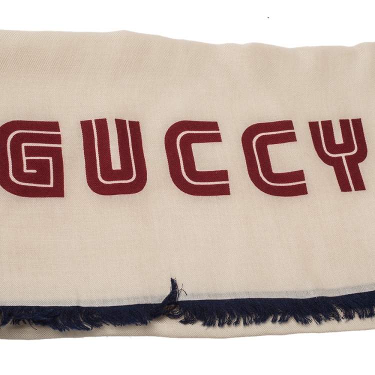 Pre Owned Gucci Cream Silk Modal Guccy Print Web Striped Shawl