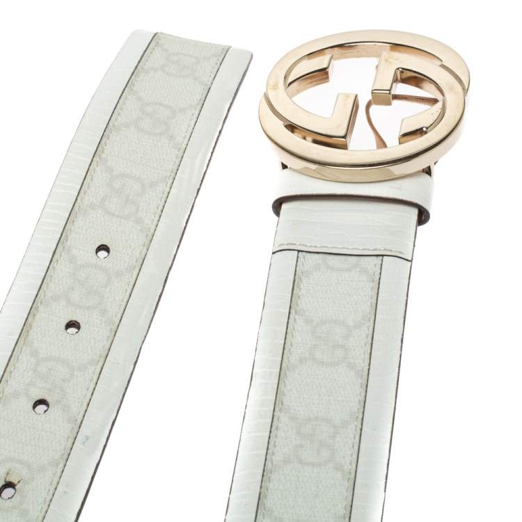Pre Owned Gucci White GG Supreme Canvas And Leather Interlocking G Buckle Belt 90 CM
