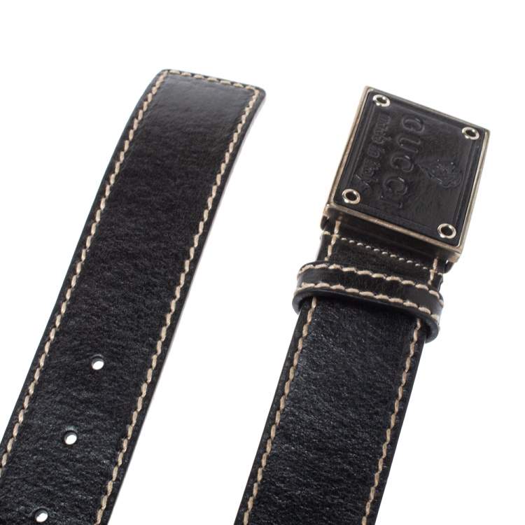 مملوكة مسبقًا Gucci Black Leather Logo Plaque Buckle Belt 100 CM