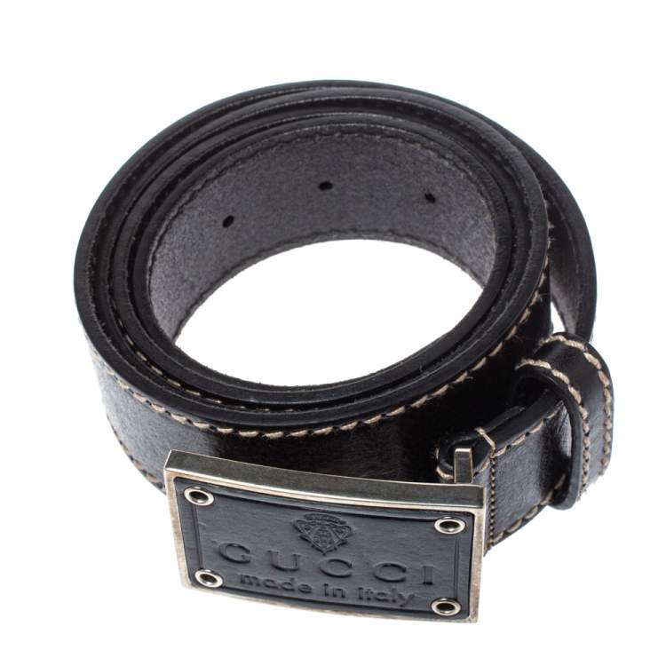 مملوكة مسبقًا Gucci Black Leather Logo Plaque Buckle Belt 100 CM