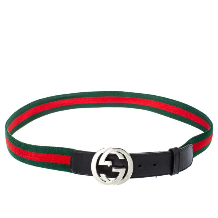 Gucci Green/Red Web Canvas and Leather Interlocking GG Buckle Belt 105 ...