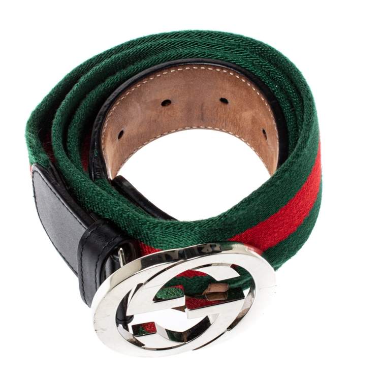 Pre Owned Gucci Green/Red Web Canvas and Leather Interlocking GG Buckle Belt 105 CM