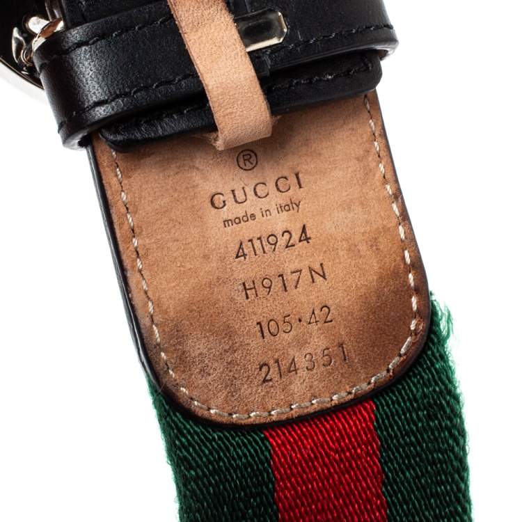 Pre Owned Gucci Green/Red Web Canvas and Leather Interlocking GG Buckle Belt 105 CM