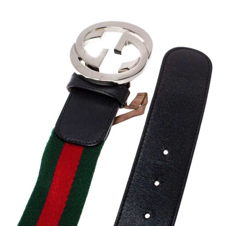 Pre Owned Gucci Green/Red Web Canvas and Leather Interlocking GG Buckle Belt 105 CM
