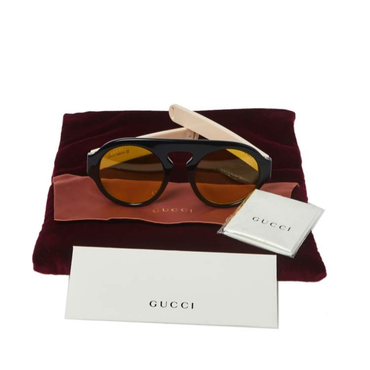 Pre Owned Gucci Black & Webstripe / Yellow GG0256S Round Sunglasses 