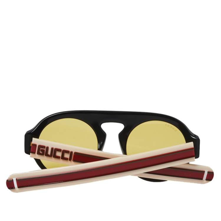 Pre Owned Gucci Black & Webstripe / Yellow GG0256S Round Sunglasses 