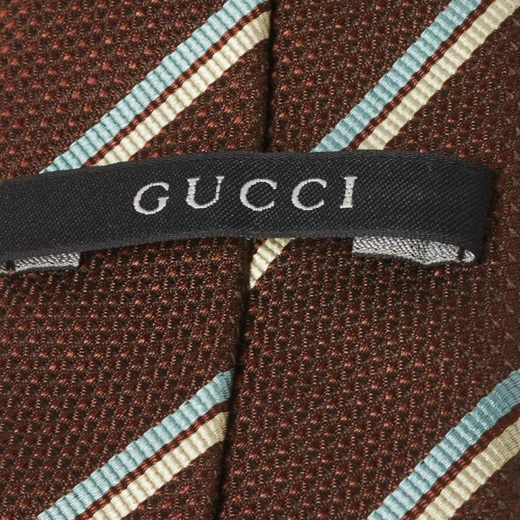Pre Owned Gucci Brown Striped Waffle Patterned Cotton Silk Tie
