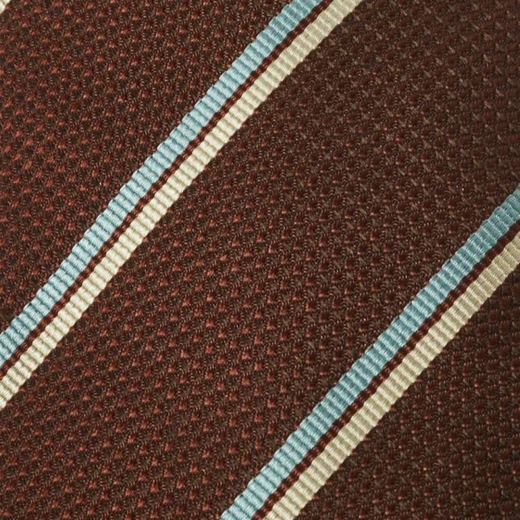Pre Owned Gucci Brown Striped Waffle Patterned Cotton Silk Tie
