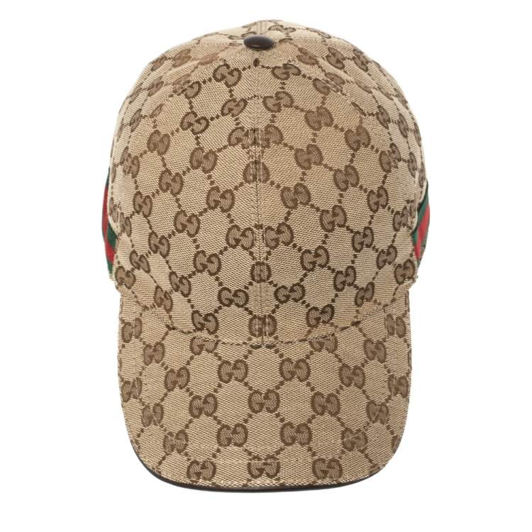 Pre Owned Gucci Beige Logo Monogram Web Stripe Detail Canvas Baseball Cap XL