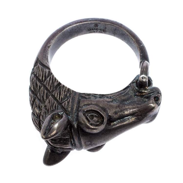 Pre Owned Gucci Detailed Ascot Horsehead Motif Silver Ring Size 24