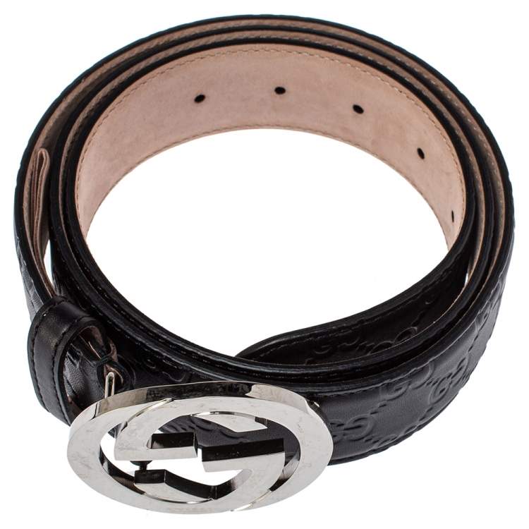 مملوكة مسبقًا Gucci Black Guccissima Leather Interlocking G Buckle Belt 100CM
