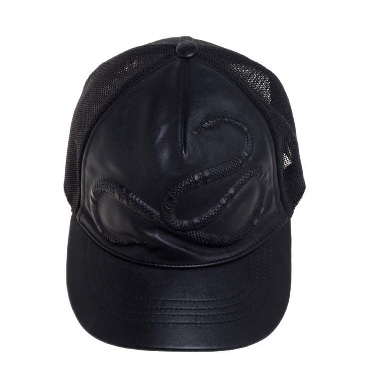 Pre Owned Gucci Black Snake Embossed Leather Baseball Cap L