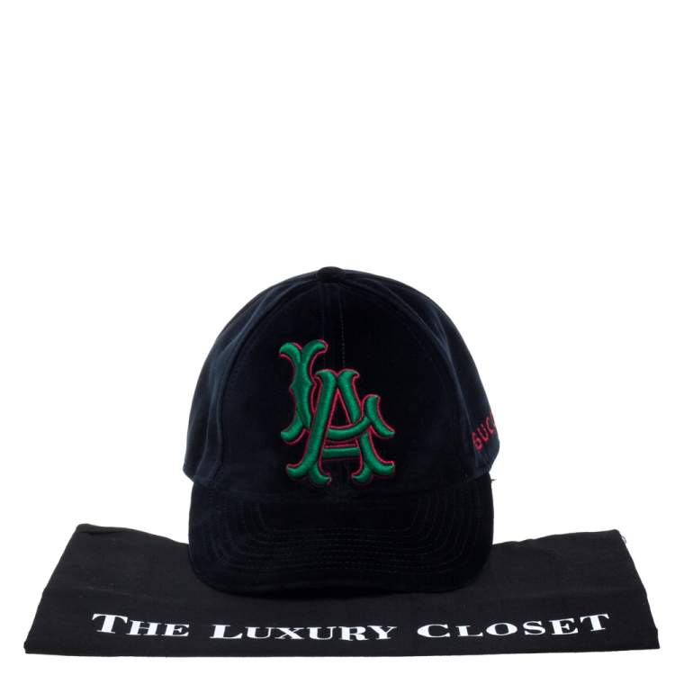 Pre Owned Gucci Navy Blue LA Embroidered Velvet Baseball Cap