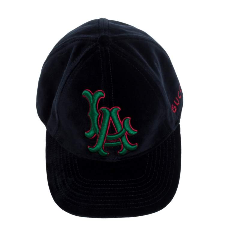 Pre Owned Gucci Navy Blue LA Embroidered Velvet Baseball Cap