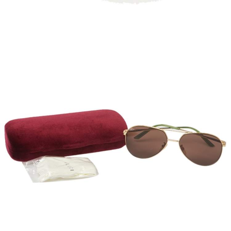 Pre Owned Gucci Gold Tone/Brown GG0356S Aviator Sunglasses
