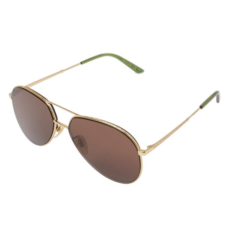 Pre Owned Gucci Gold Tone/Brown GG0356S Aviator Sunglasses