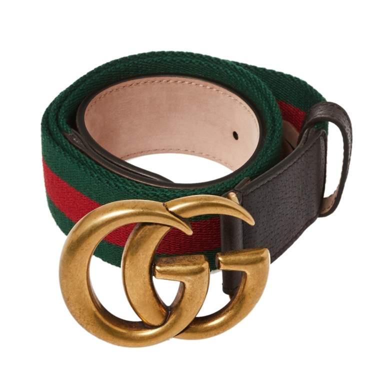 مملوكة مسبقًا Gucci Brown Web Canvas and Leather Double G Buckle Belt 90 CM