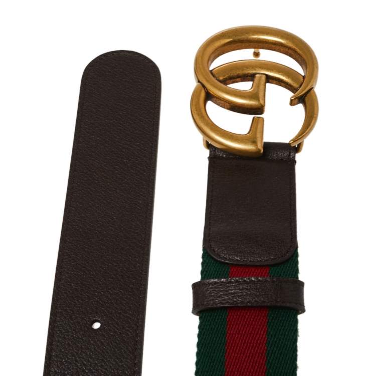مملوكة مسبقًا Gucci Brown Web Canvas and Leather Double G Buckle Belt 90 CM
