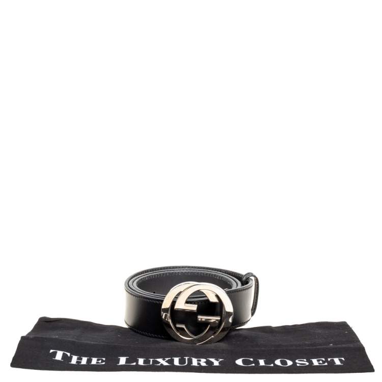 Pre Owned Gucci Black Leather Interlocking G Buckle Belt 95CM