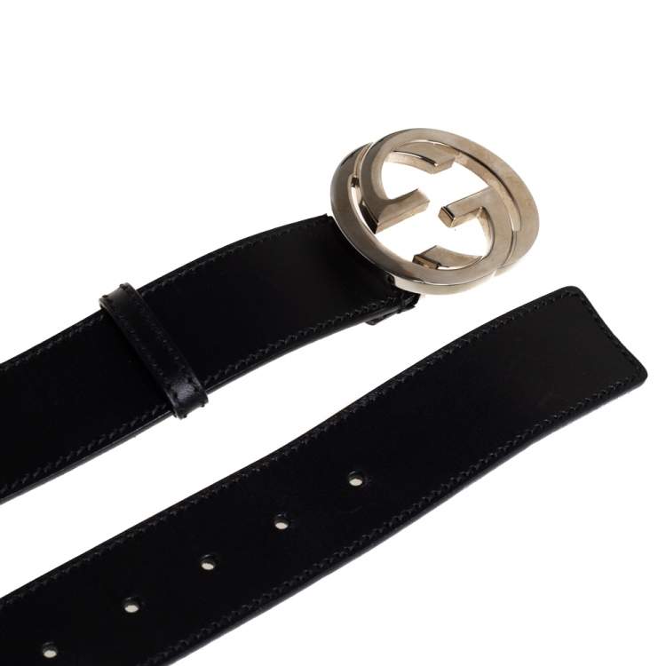 Pre Owned Gucci Black Leather Interlocking G Buckle Belt 95CM