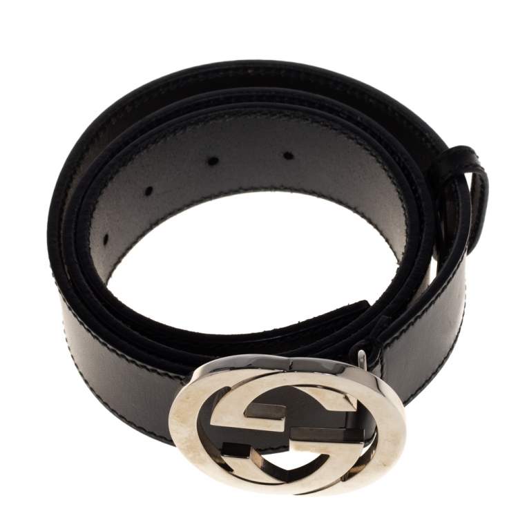 Pre Owned Gucci Black Leather Interlocking G Buckle Belt 95CM