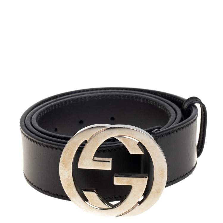 Pre Owned Gucci Black Leather Interlocking G Buckle Belt 95CM
