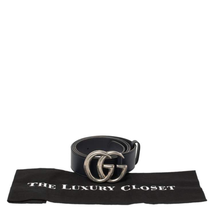 Pre Owned Gucci Blue Leather GG Marmont Buckle Belt 95CM