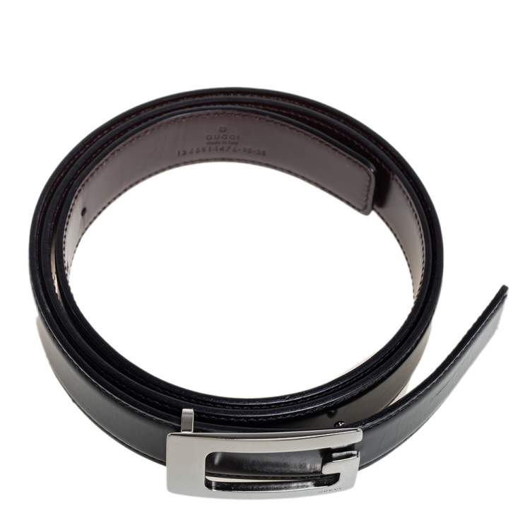 Pre Owned Gucci Black/Brown Glossy Leather G Buckle Reversible Belt 95CM