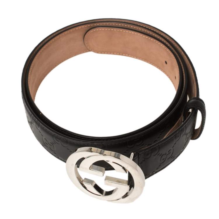 مملوكة مسبقًا Gucci Black Guccissima Leather Interlocking G Buckle Belt 115CM