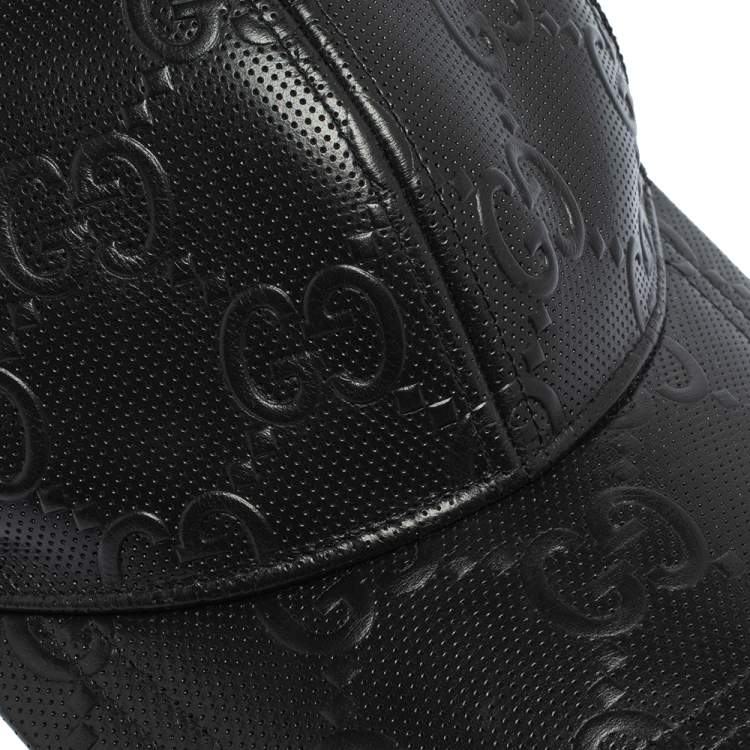Pre Owned Gucci Black GG Embossed Leather Baseball Hat S